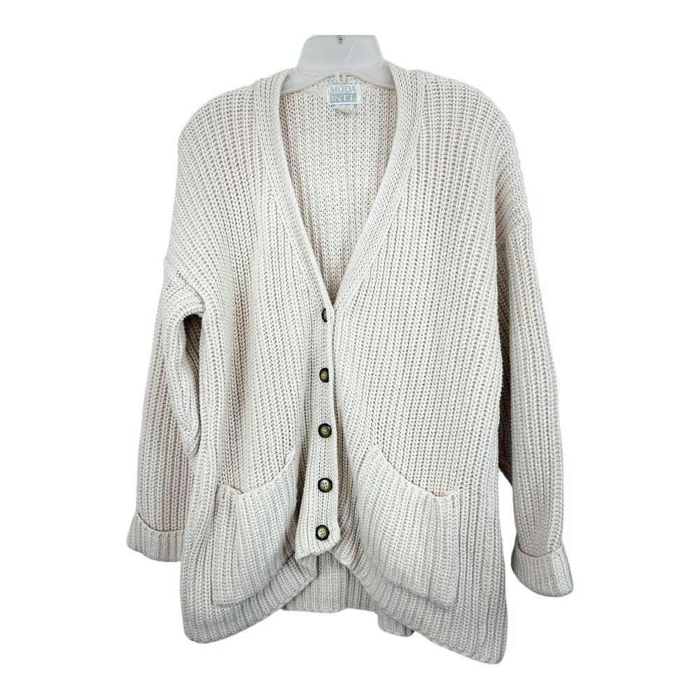 Vtg 90s Moda Intl Cardigan Y2K Oversized Chunky Sweater Ivory Cotton Knit L/XL